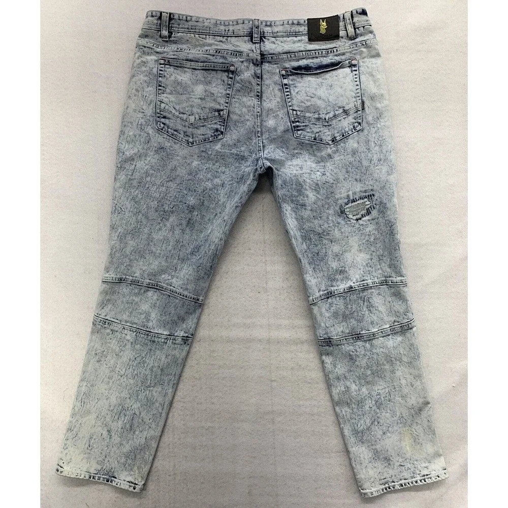 Makobi Denim Jeans Men's 40X32 Stonewash Moto Biker Factory Distressed Destroyed